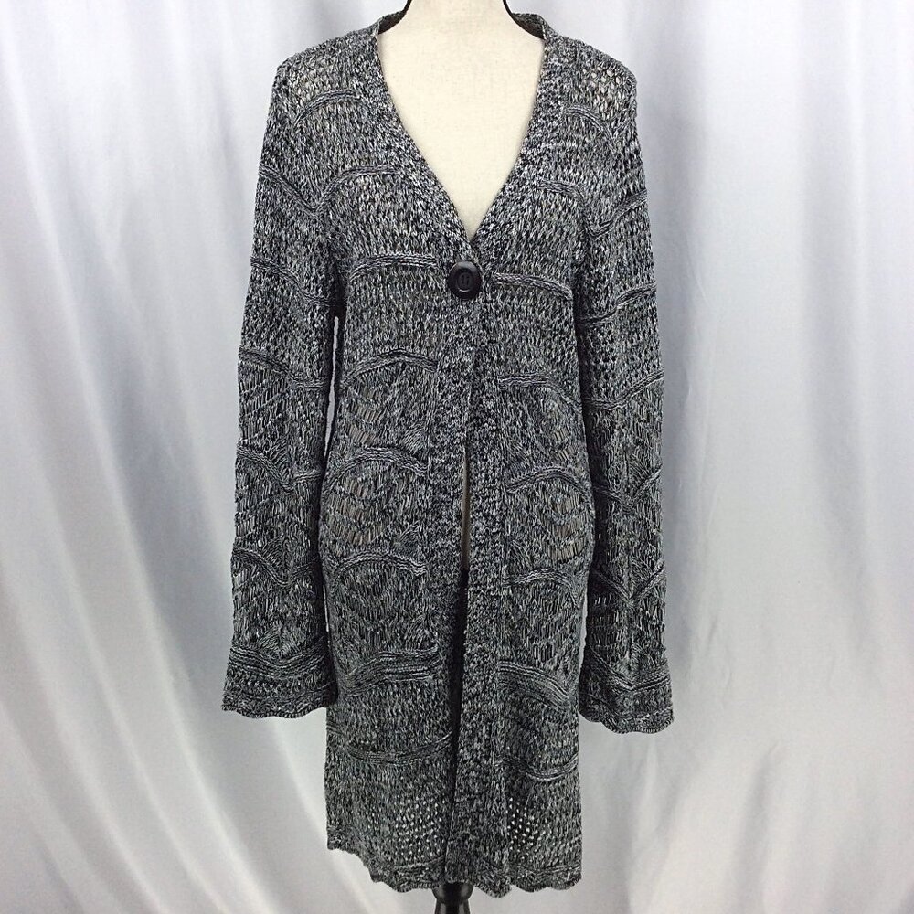 Chicos Women's Duster Cardigan Sz L/12 Black Long Open Crochet‎ Sweater Designer